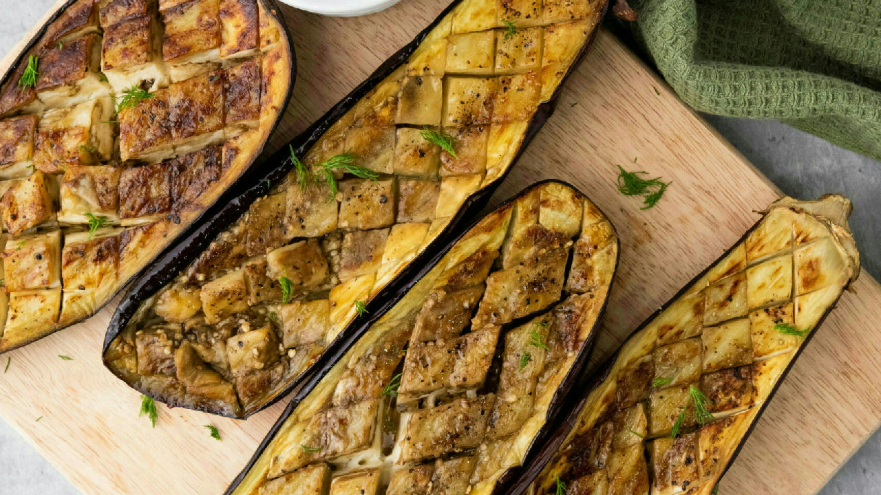 Smoky Grilled Eggplant with Garlic Dill Yogurt Sauce