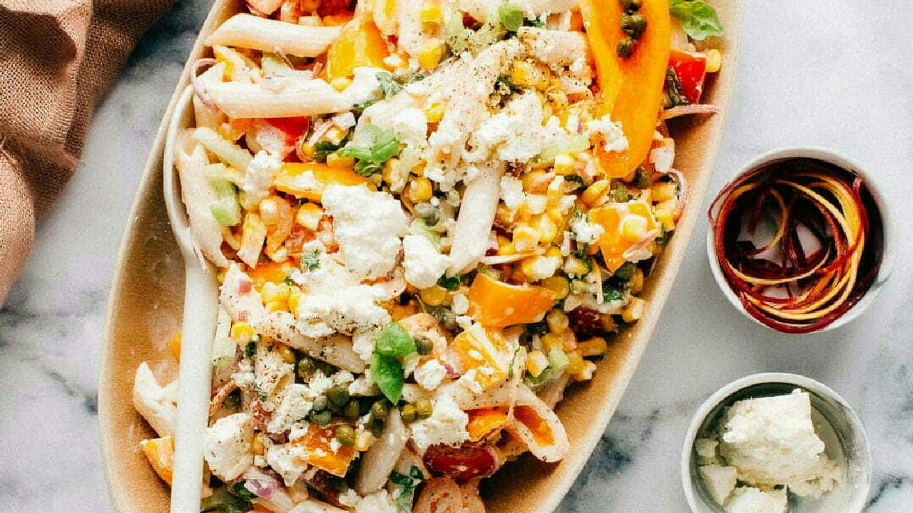 Healthy Greek Pasta Salad with Creamy Feta Dressing