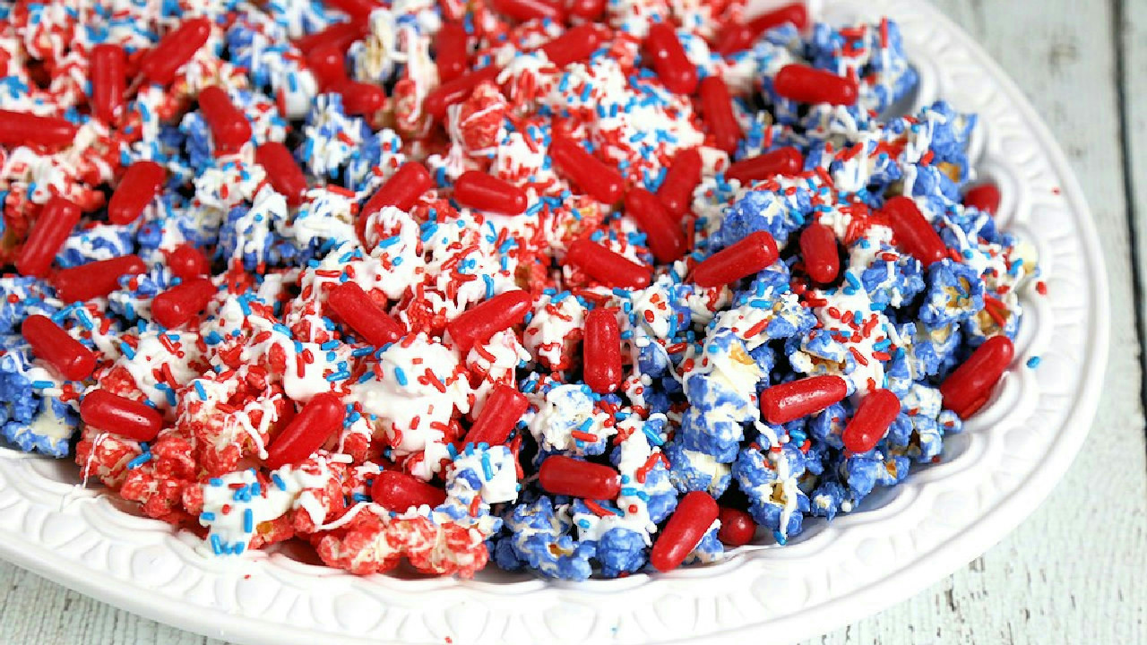 4th of July Popcorn: Red White & Blue Chocolate Firecracker Popcorn