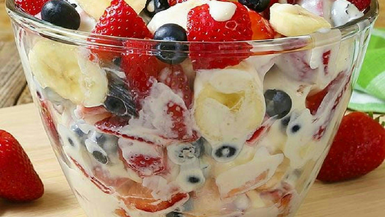 Red White and Blue Cheesecake Salad + Video