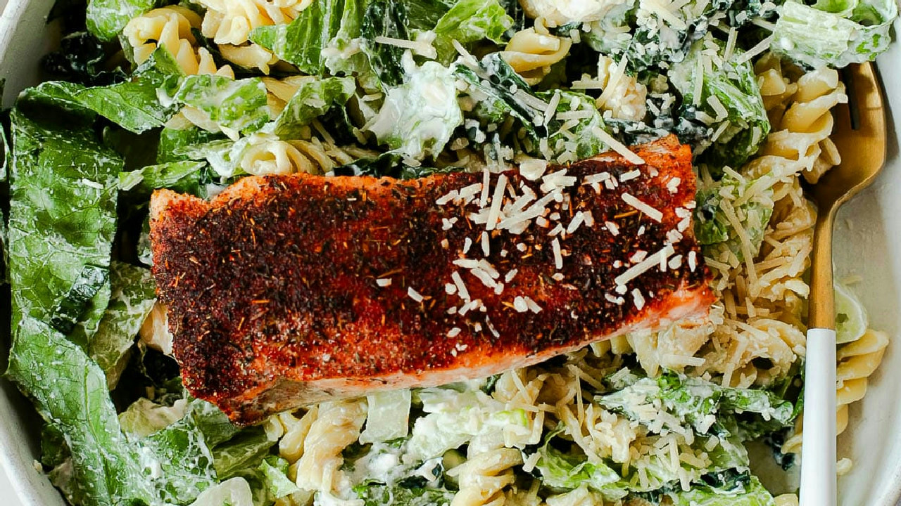 Salmon Caesar Pasta Salad with High Protein Dressing